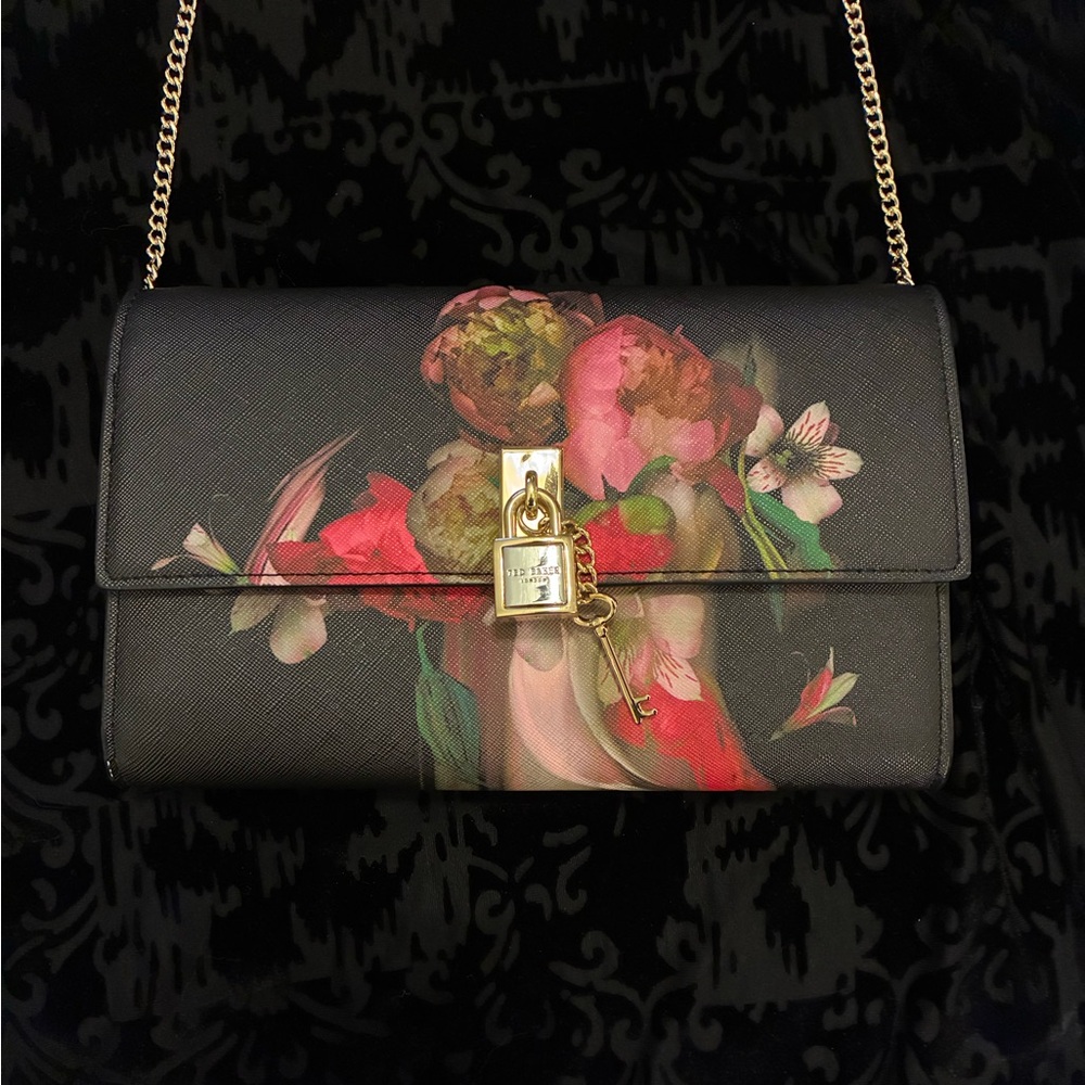 Ted Baker Black Floral Clutch with Gold Chain
